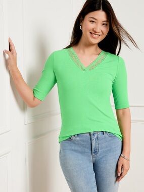 TALBOTS LACE TRIM V-NECK TEE NWT SZ P/L